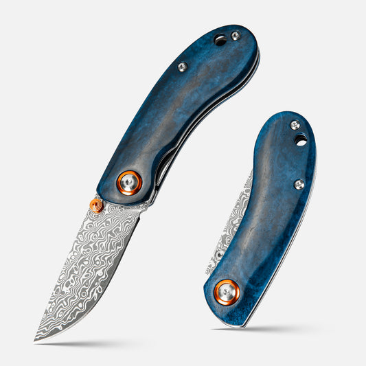 SHINK NDM-BLUE Damascus Steel Folding Pocket Knife | VG10 Damascus Blade, Blue Dyed Ox Bone Handle