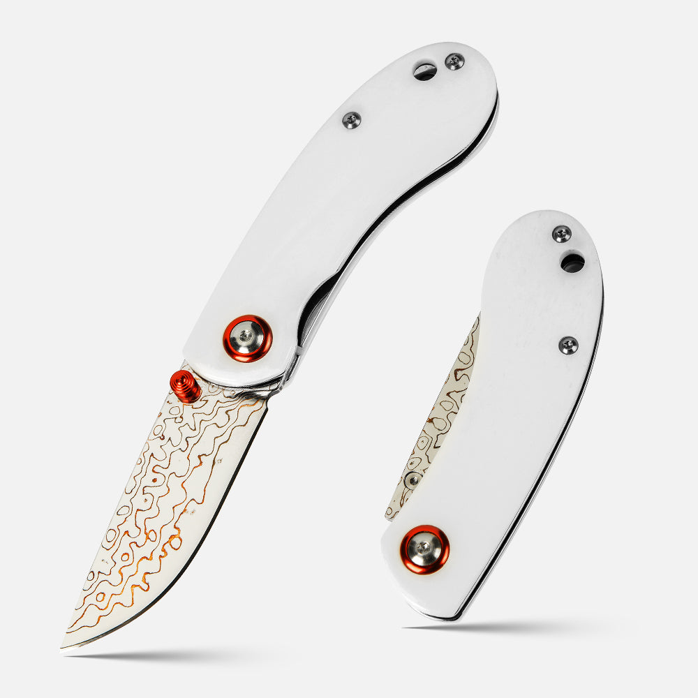SHINK NDM-WHITE Brass Damascus Steel Folding Pocket Knife | Copper Damascus Blade, Pure White Dyed Ox Bone Handle