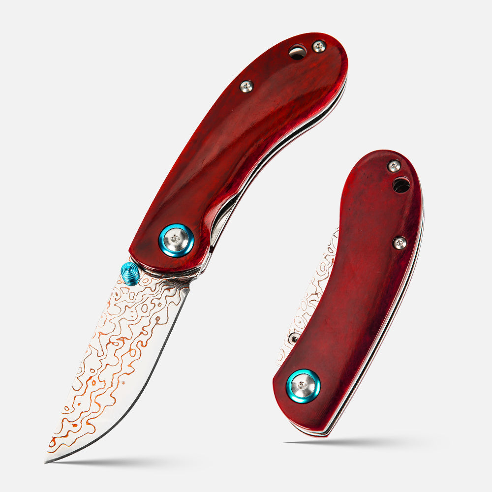 SHINK NDM-RED-HT Brass Damascus Steel Folding Pocket Knife | Copper Damascus Blade, Rich Red Dyed Ox Bone Handle