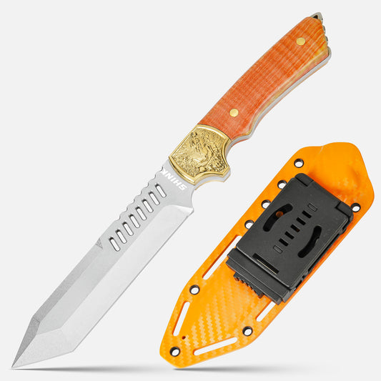 SHINK CM-01 Tactical Tanto Fixed Blade Knife | Stone Washed D2 Steel, Brass & Maple Handle