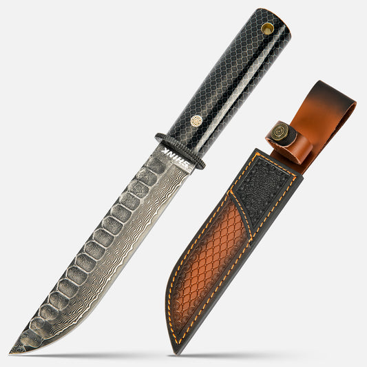 SHINK HDM-01 Premium Damascus Steel Outdoor Fixed Blade Knife | Stone Wash & Polished Finish, Epoxy Resin & Aluminum Mesh Handle