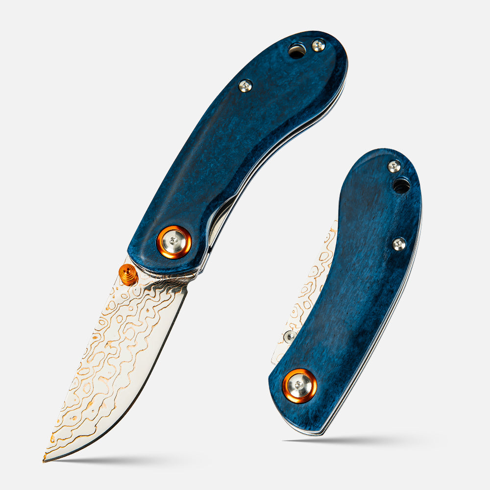 SHINK NDM-BLUE-HT Brass Damascus Steel Folding Pocket Knife | Copper Damascus Blade, Deep Blue Dyed Ox Bone Handle