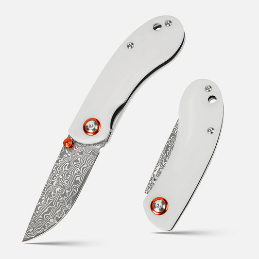SHINK NDM-WHITE Damascus Steel Folding Pocket Knife | VG10 Damascus Blade, White Dyed Ox Bone Handle