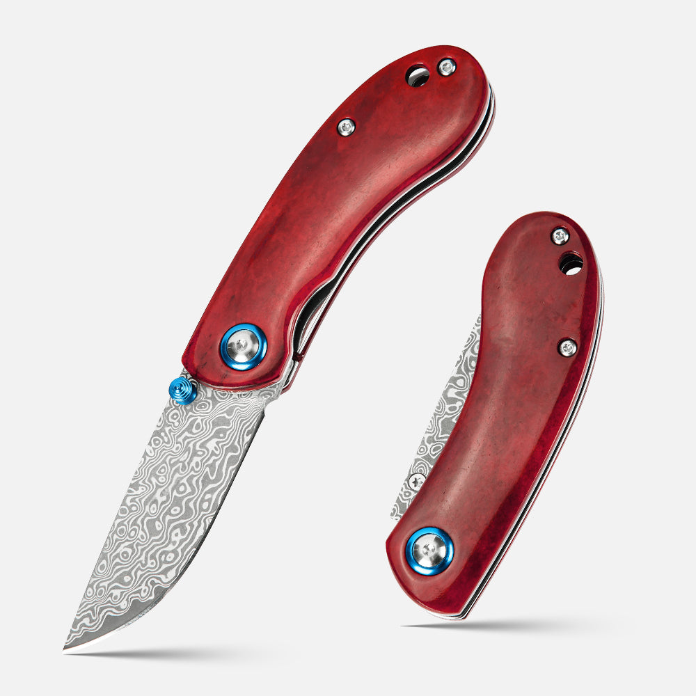 SHINK NDM-RED Damascus Steel Folding Pocket Knife | VG10 Damascus Blade, Red Dyed Ox Bone Handle