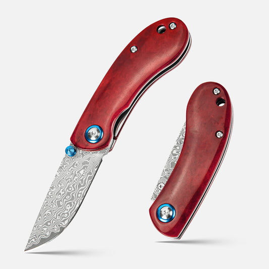 SHINK NDM-RED Damascus Steel Folding Pocket Knife | VG10 Damascus Blade, Red Dyed Ox Bone Handle