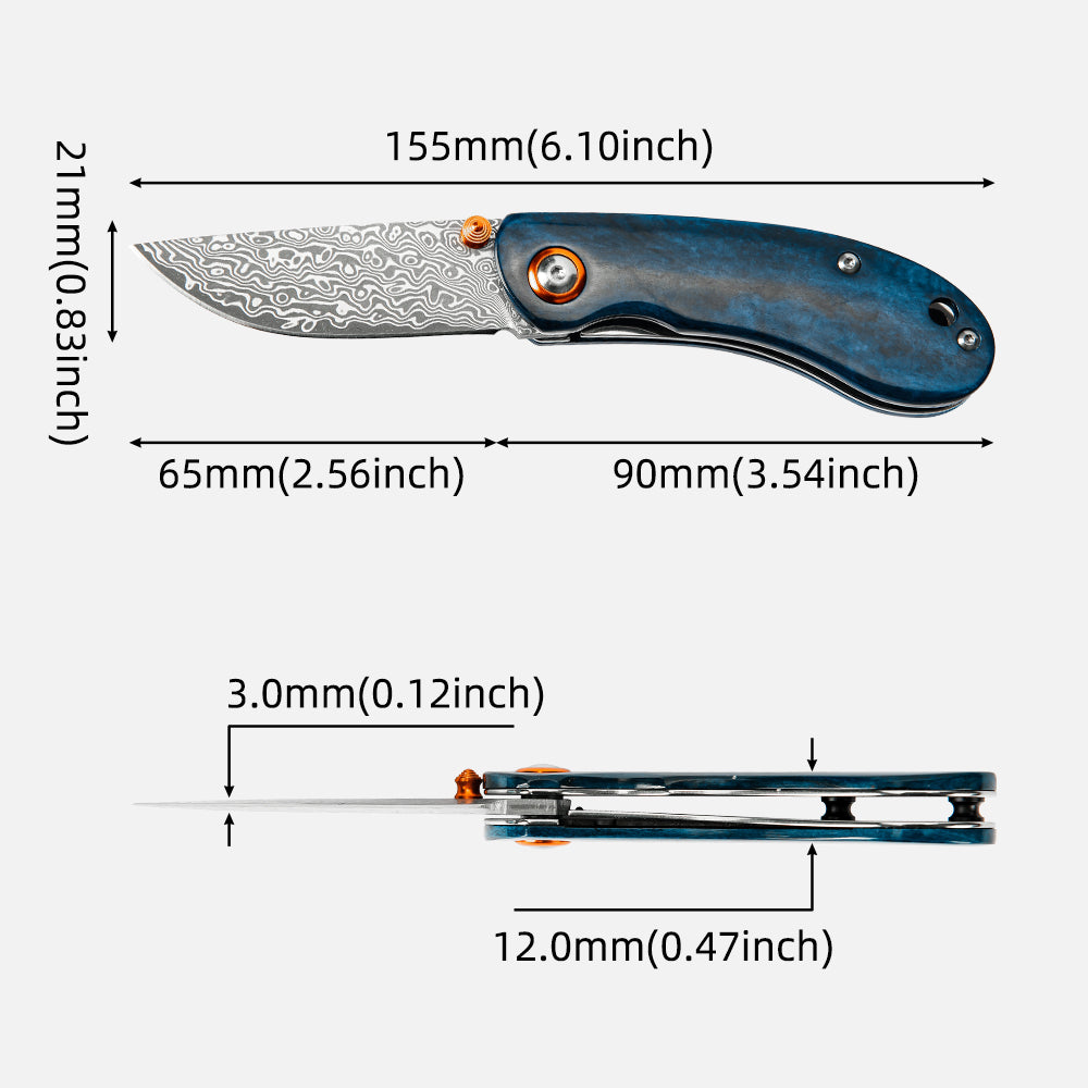 SHINK NDM-BLUE Damascus Steel Folding Pocket Knife | VG10 Damascus Blade, Blue Dyed Ox Bone Handle