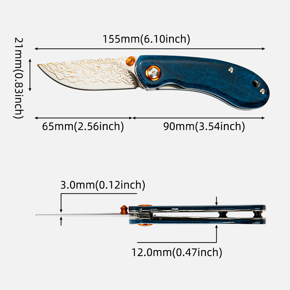 SHINK NDM-BLUE-HT Brass Damascus Steel Folding Pocket Knife | Copper Damascus Blade, Deep Blue Dyed Ox Bone Handle