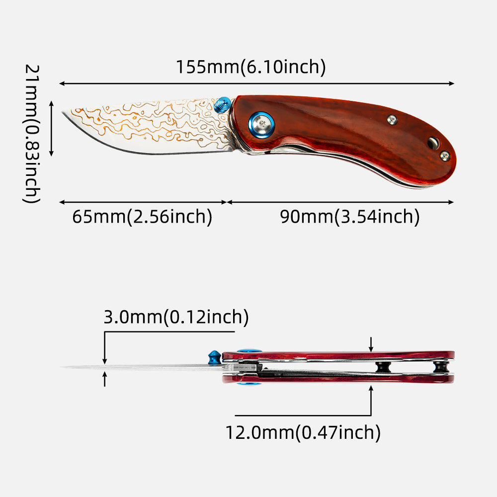SHINK NDM-RED-HT Brass Damascus Steel Folding Pocket Knife | Copper Damascus Blade, Rich Red Dyed Ox Bone Handle