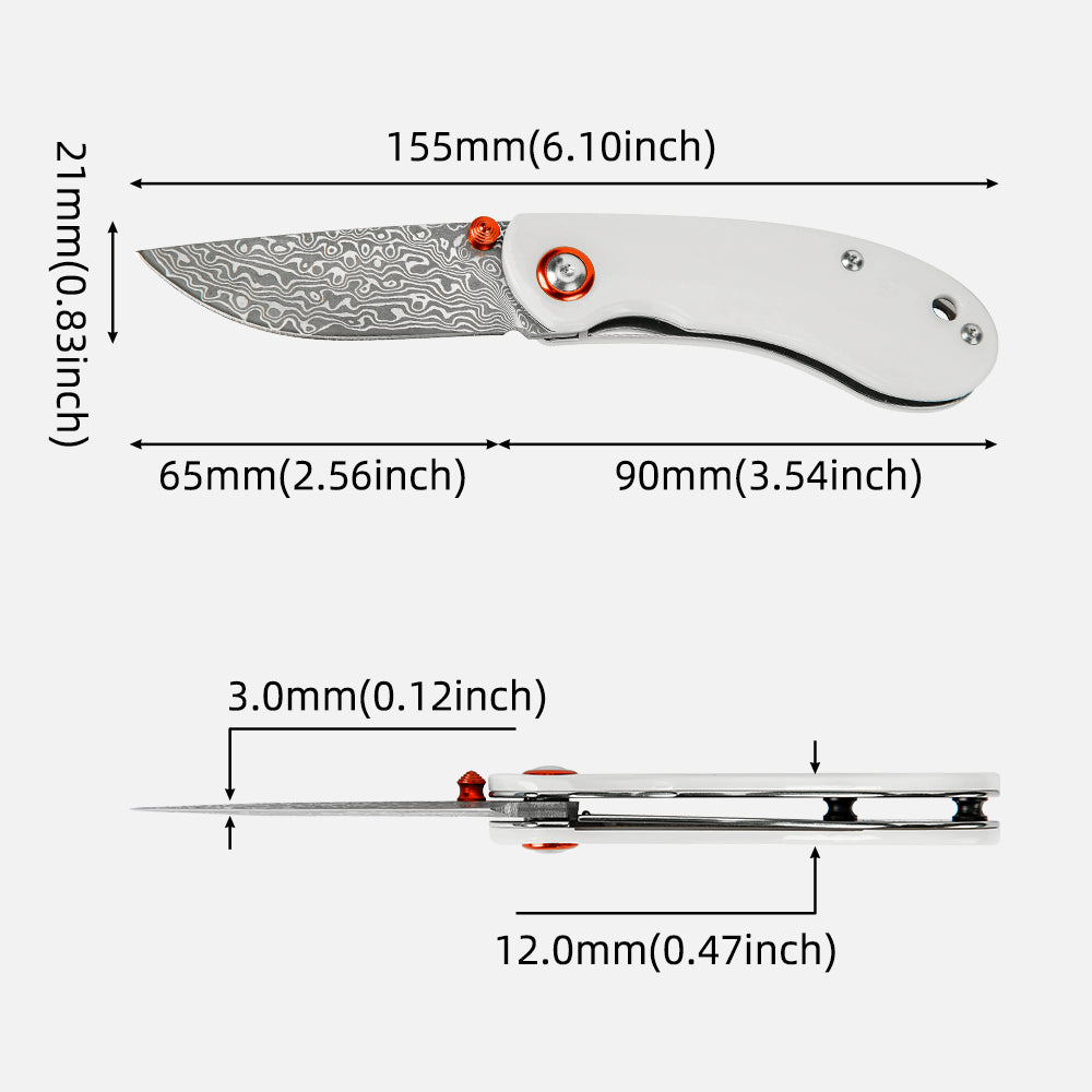 SHINK NDM-WHITE Damascus Steel Folding Pocket Knife | VG10 Damascus Blade, White Dyed Ox Bone Handle