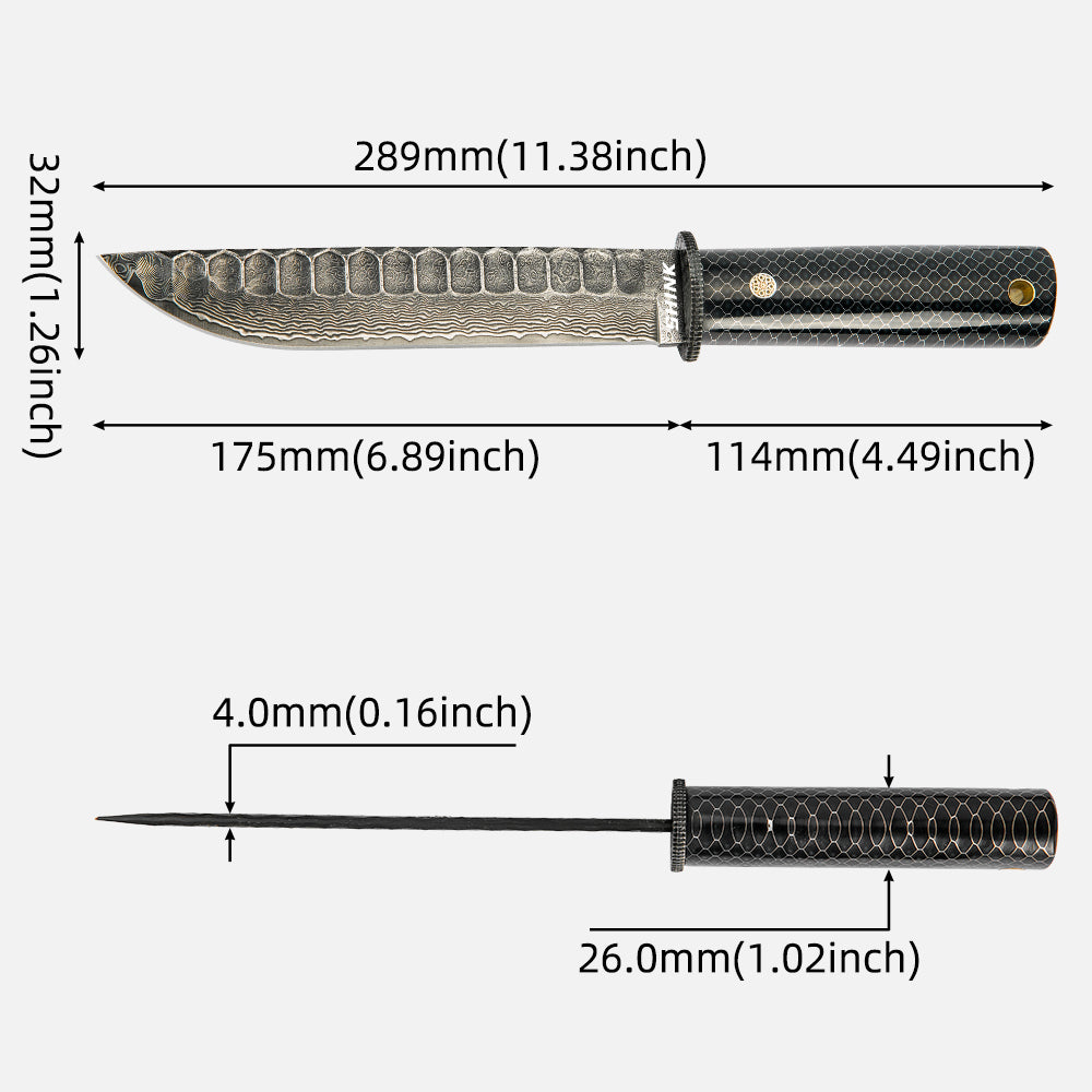SHINK HDM-01 Premium Damascus Steel Outdoor Fixed Blade Knife | Stone Wash & Polished Finish, Epoxy Resin & Aluminum Mesh Handle