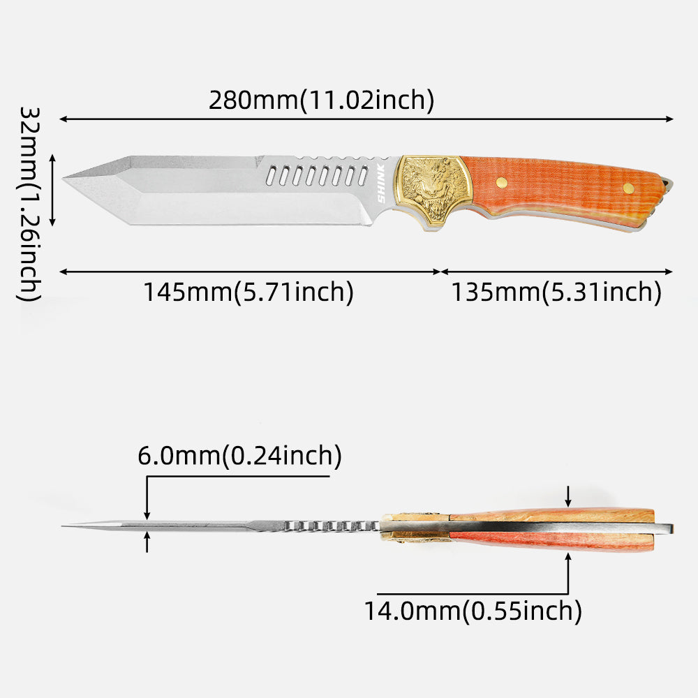 SHINK CM-01 Tactical Tanto Fixed Blade Knife | Stone Washed D2 Steel, Brass & Maple Handle