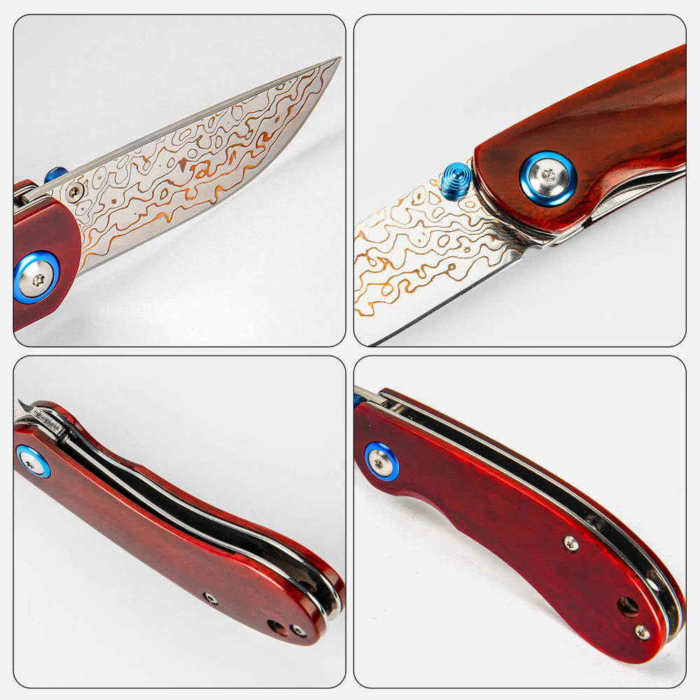 SHINK NDM-RED-HT Brass Damascus Steel Folding Pocket Knife | Copper Damascus Blade, Rich Red Dyed Ox Bone Handle