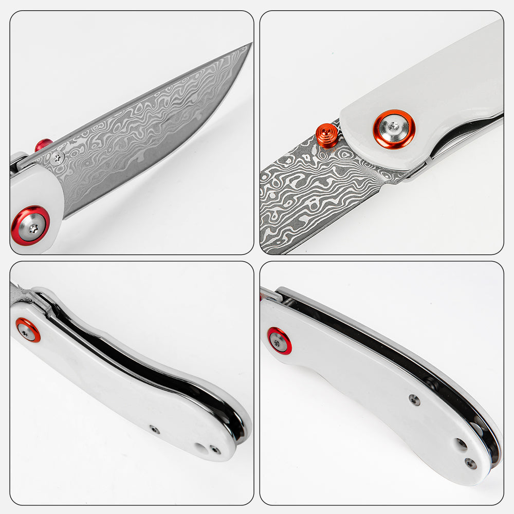 SHINK NDM-WHITE Damascus Steel Folding Pocket Knife | VG10 Damascus Blade, White Dyed Ox Bone Handle