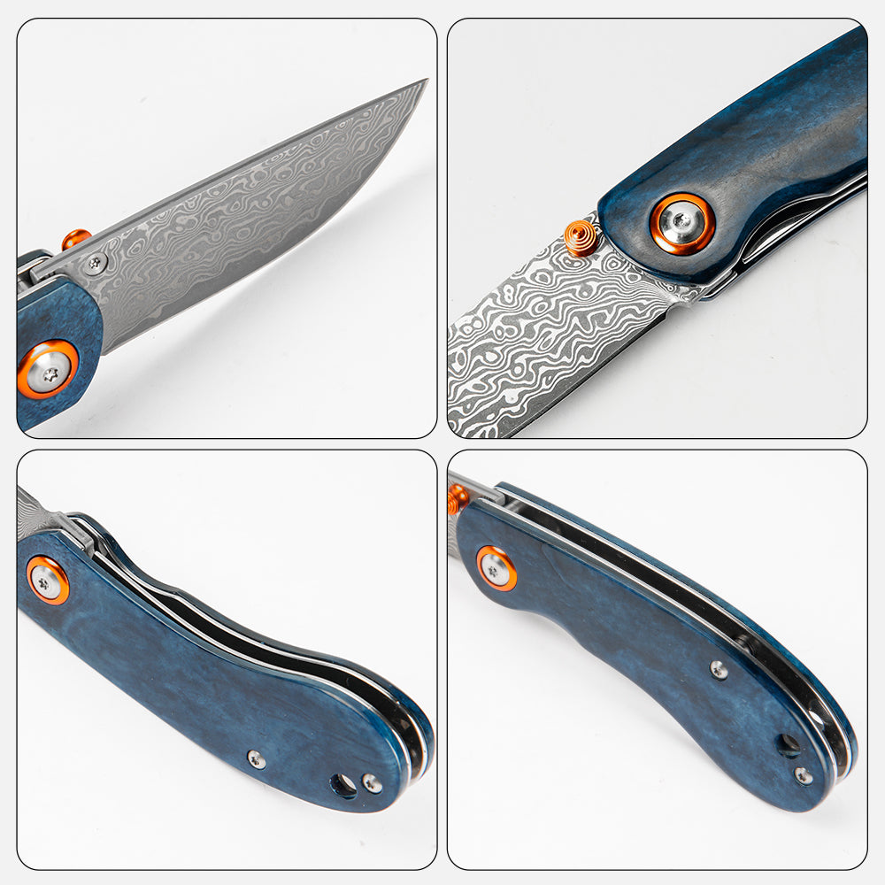 SHINK NDM-BLUE Damascus Steel Folding Pocket Knife | VG10 Damascus Blade, Blue Dyed Ox Bone Handle