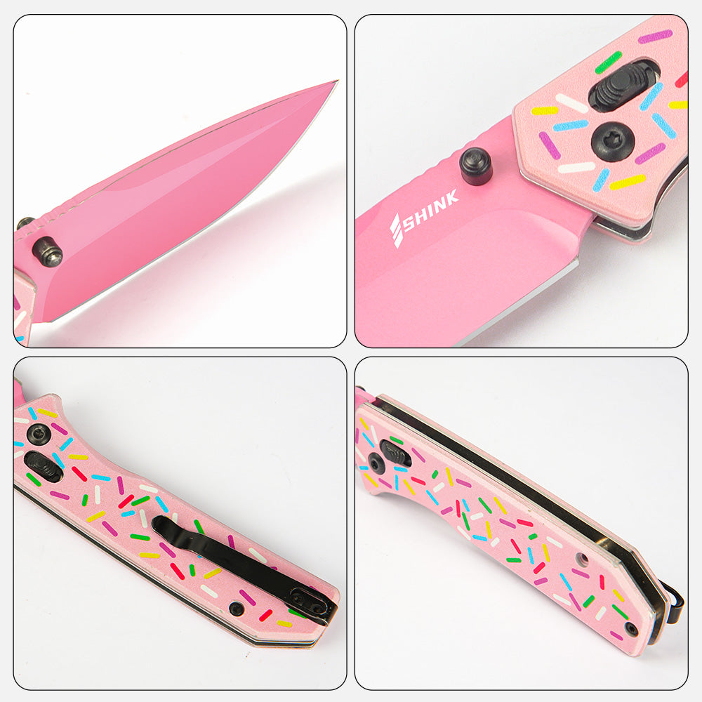 Shink PK-01 "Donut Glaze" EDC Folding Knife – 3.2" 420J2 Blade, Aluminum Handle, Crossbar Lock – Lightweight Fun Pocket Knife