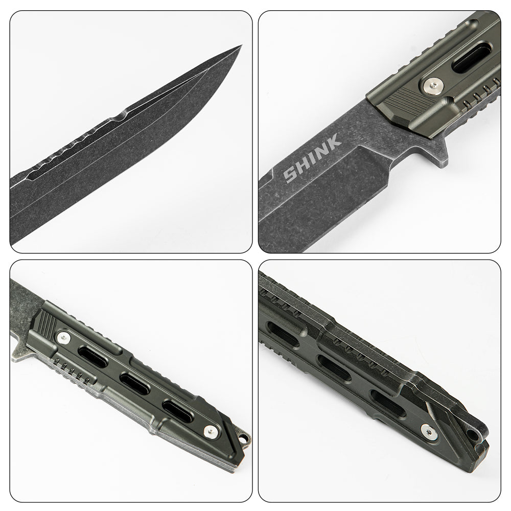SHINK JX-HS Tactical Fixed Blade Knife | Stone Washed 440A Stainless Steel, Aluminum Alloy Handle