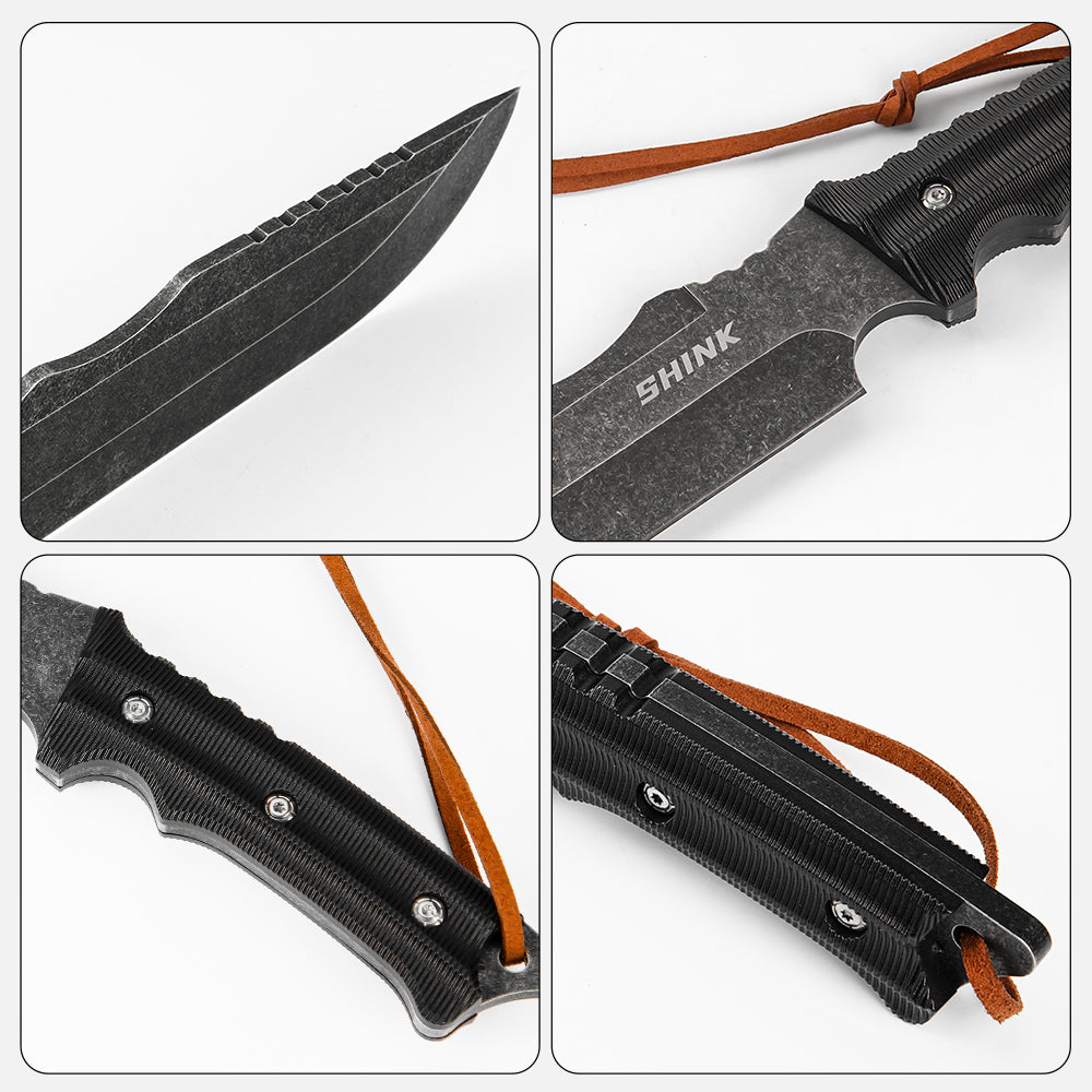 SHINK BL-HS Fixed Blade Tactical Knife | 440A Steel, Nylon Fiber Handle, Genuine Leather Knife Sheath