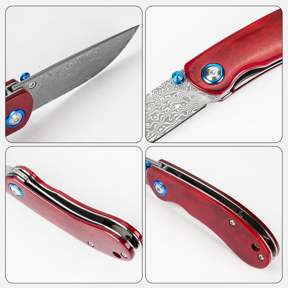 SHINK NDM-RED Damascus Steel Folding Pocket Knife | VG10 Damascus Blade, Red Dyed Ox Bone Handle
