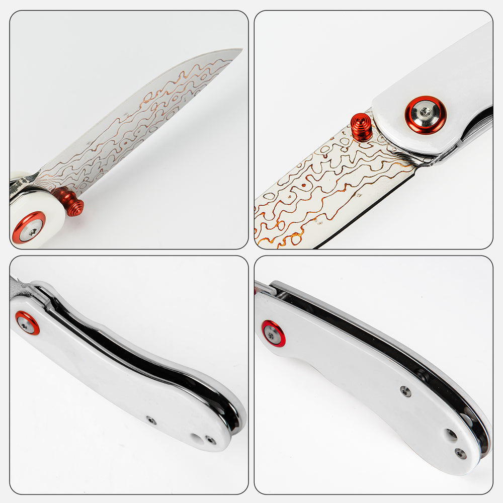 SHINK NDM-WHITE Brass Damascus Steel Folding Pocket Knife | Copper Damascus Blade, Pure White Dyed Ox Bone Handle