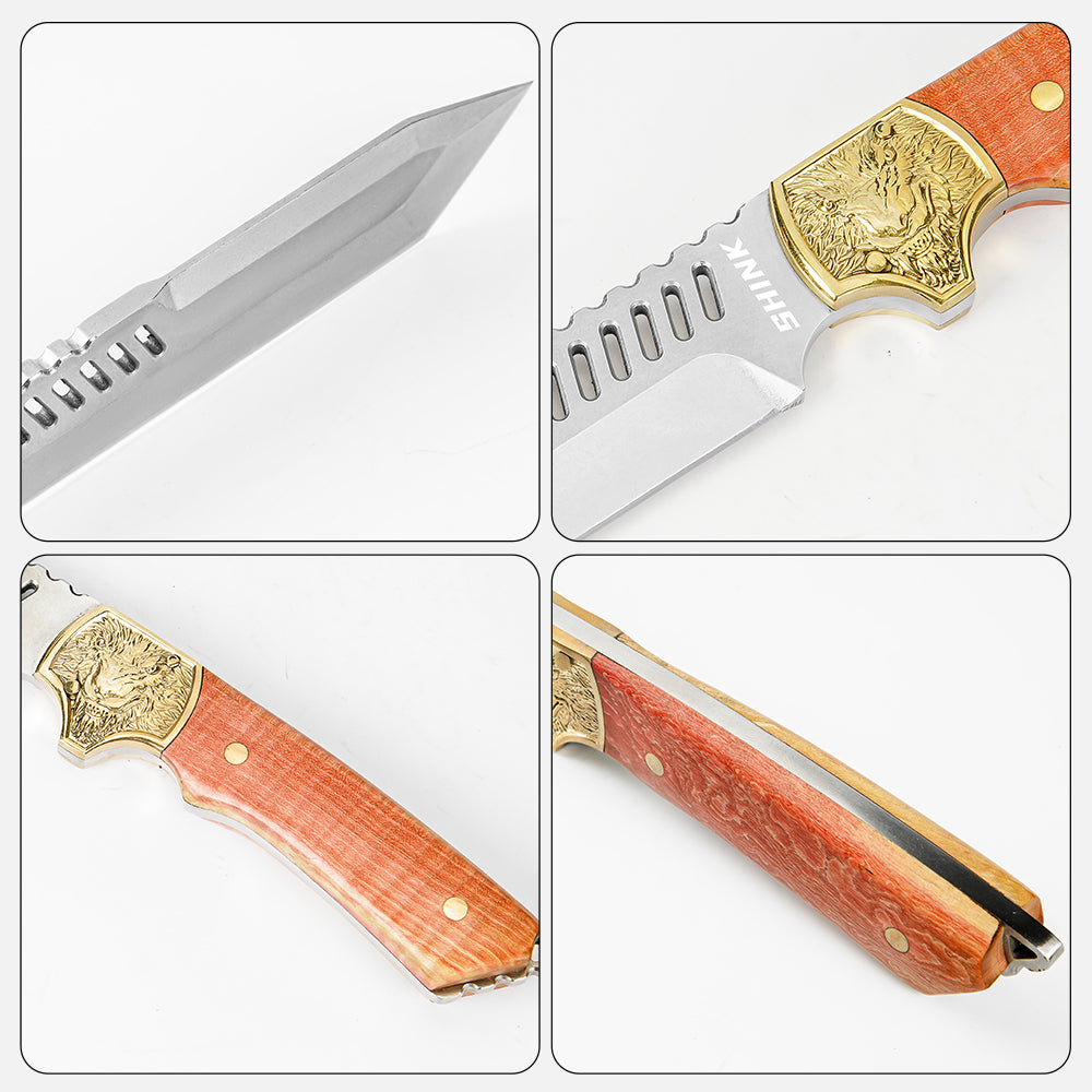 SHINK CM-01 Tactical Tanto Fixed Blade Knife | Stone Washed D2 Steel, Brass & Maple Handle
