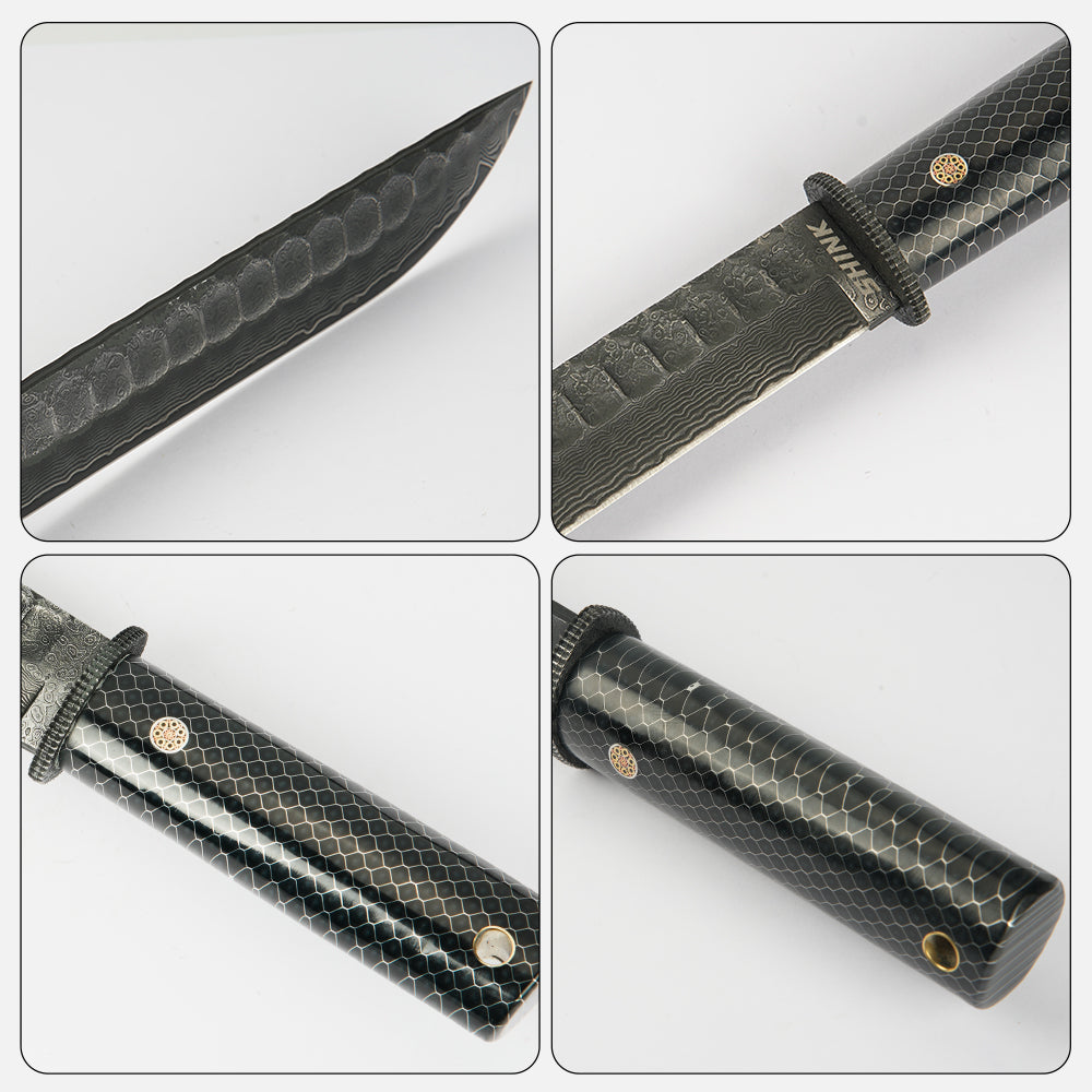 SHINK HDM-01 Premium Damascus Steel Outdoor Fixed Blade Knife | Stone Wash & Polished Finish, Epoxy Resin & Aluminum Mesh Handle