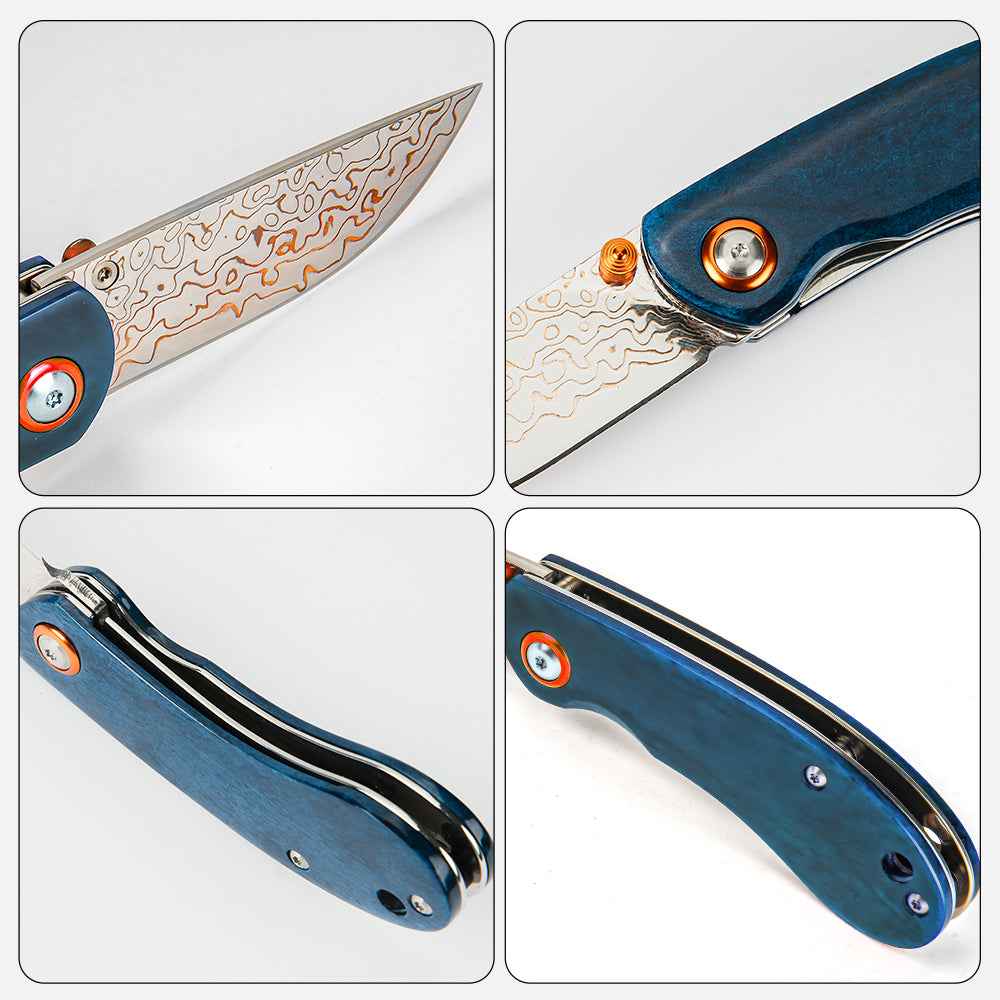 SHINK NDM-BLUE-HT Brass Damascus Steel Folding Pocket Knife | Copper Damascus Blade, Deep Blue Dyed Ox Bone Handle
