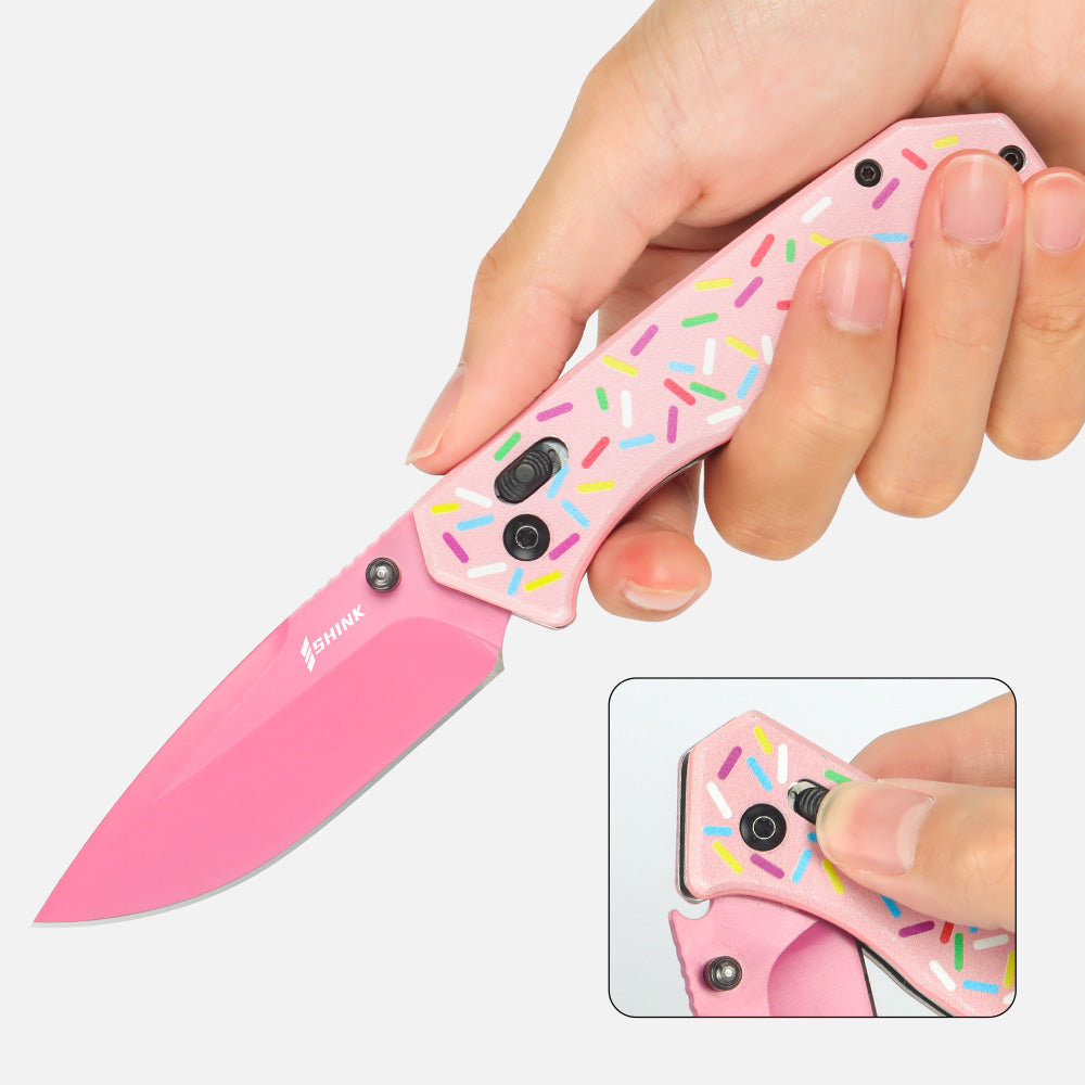 Shink PK-01 "Donut Glaze" EDC Folding Knife – 3.2" 420J2 Blade, Aluminum Handle, Crossbar Lock – Lightweight Fun Pocket Knife