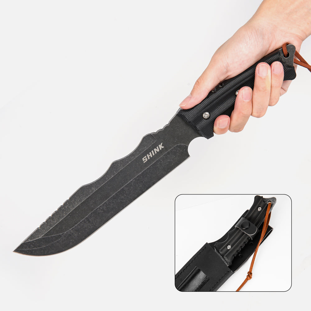 SHINK BL-HS Fixed Blade Tactical Knife | 440A Steel, Nylon Fiber Handle, Genuine Leather Knife Sheath