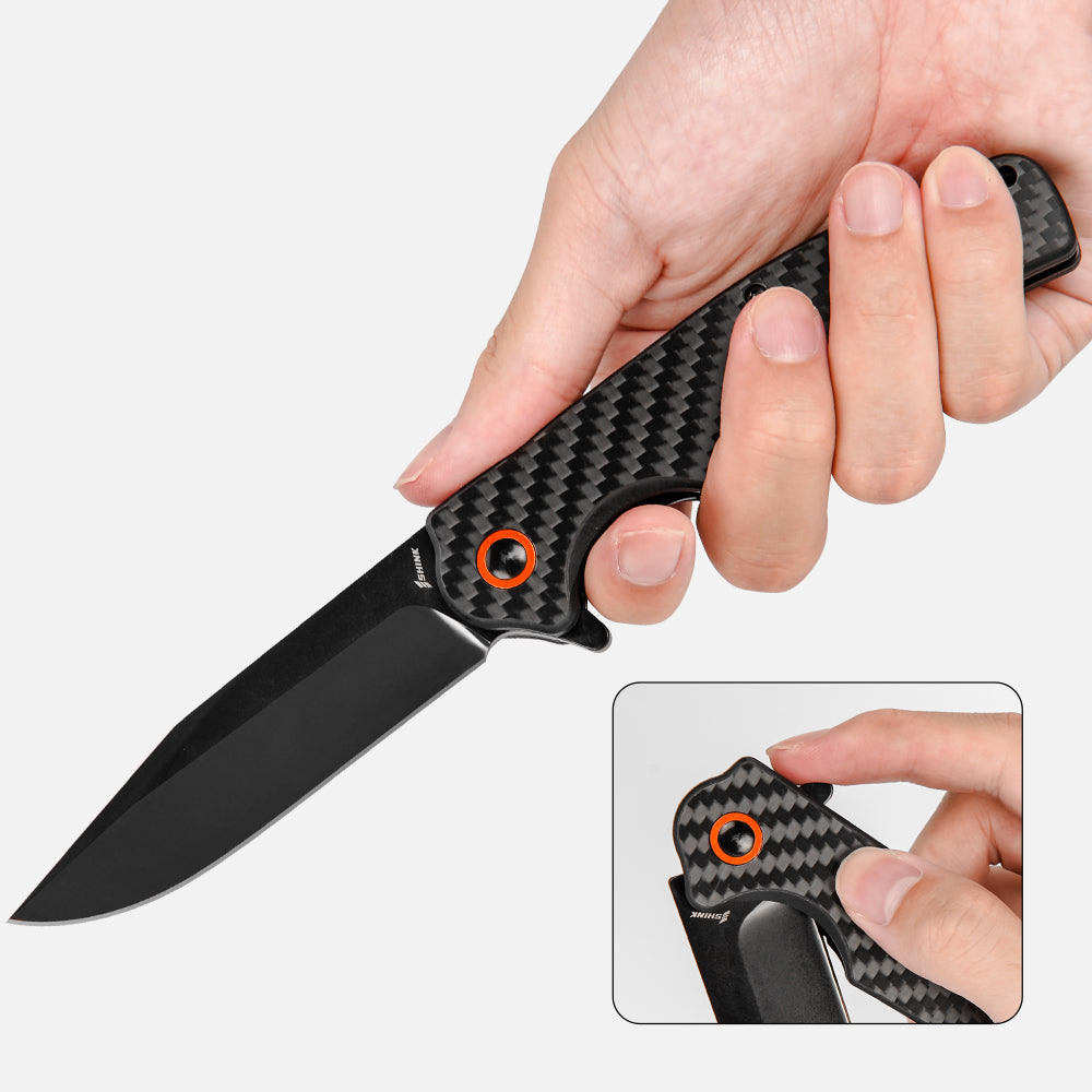 SHINK TX-01-QH Folding Pocket Knife | 440C Stainless Steel Blade, Carbon Fiber Handle