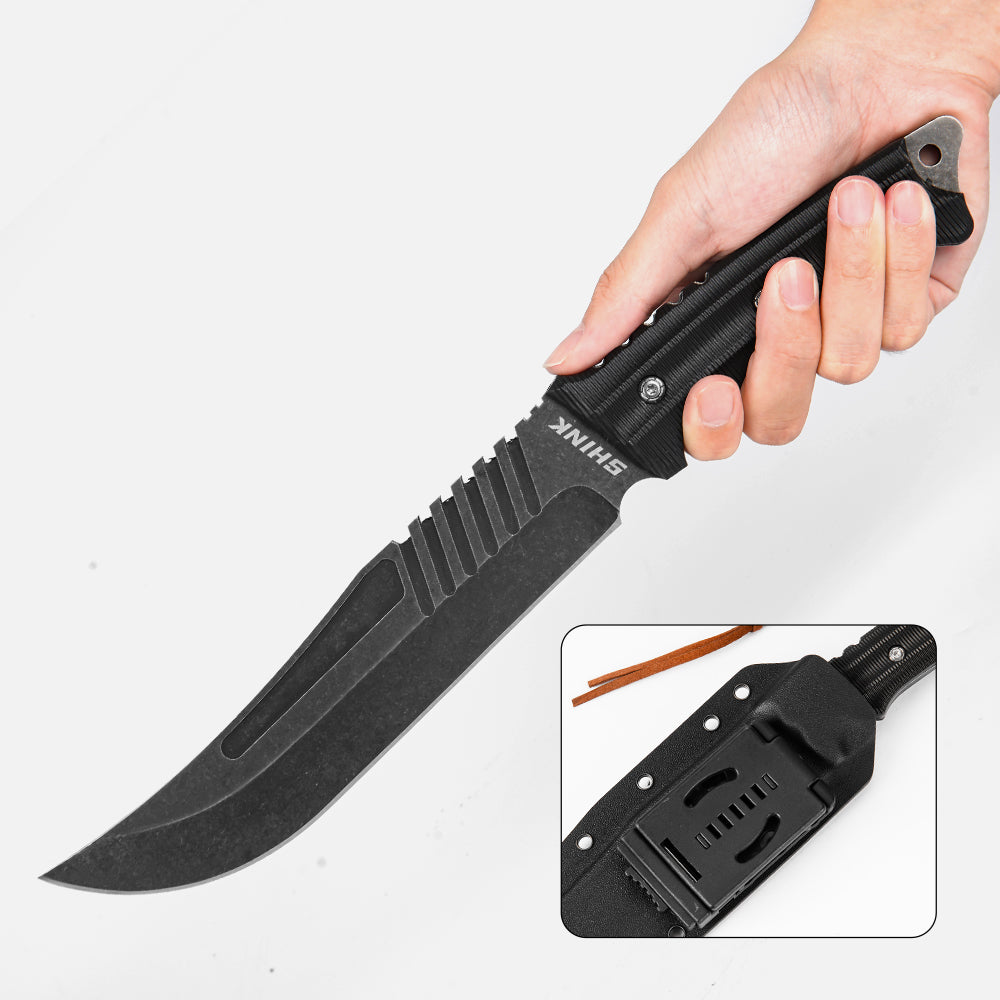 SHINK XN-BLACK Tactical Fixed Blade Knife | 440A Steel, Nylon Fiber Handle, K Sheath