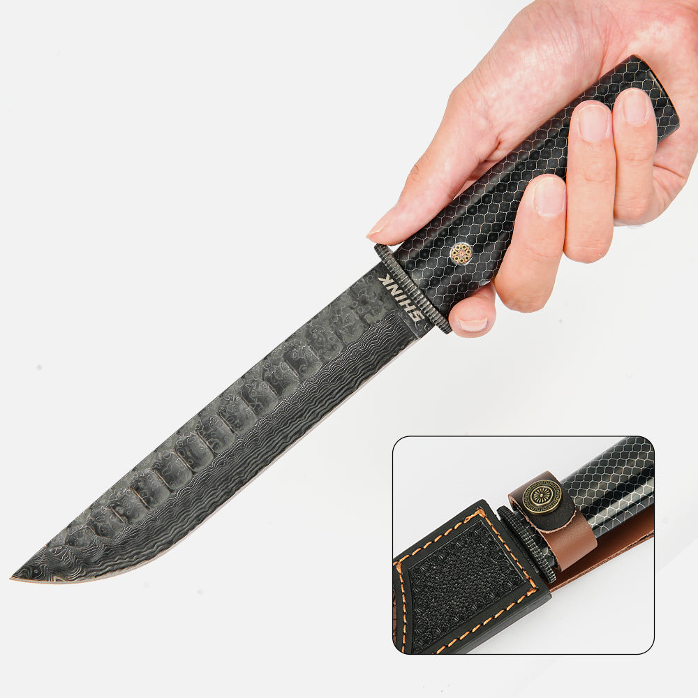 SHINK HDM-01 Premium Damascus Steel Outdoor Fixed Blade Knife | Stone Wash & Polished Finish, Epoxy Resin & Aluminum Mesh Handle