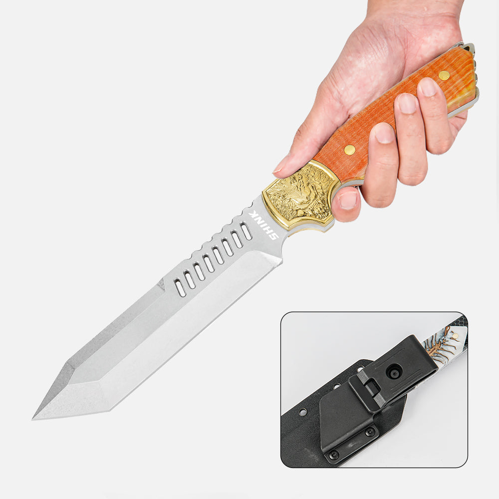 SHINK CM-01 Tactical Tanto Fixed Blade Knife | Stone Washed D2 Steel, Brass & Maple Handle