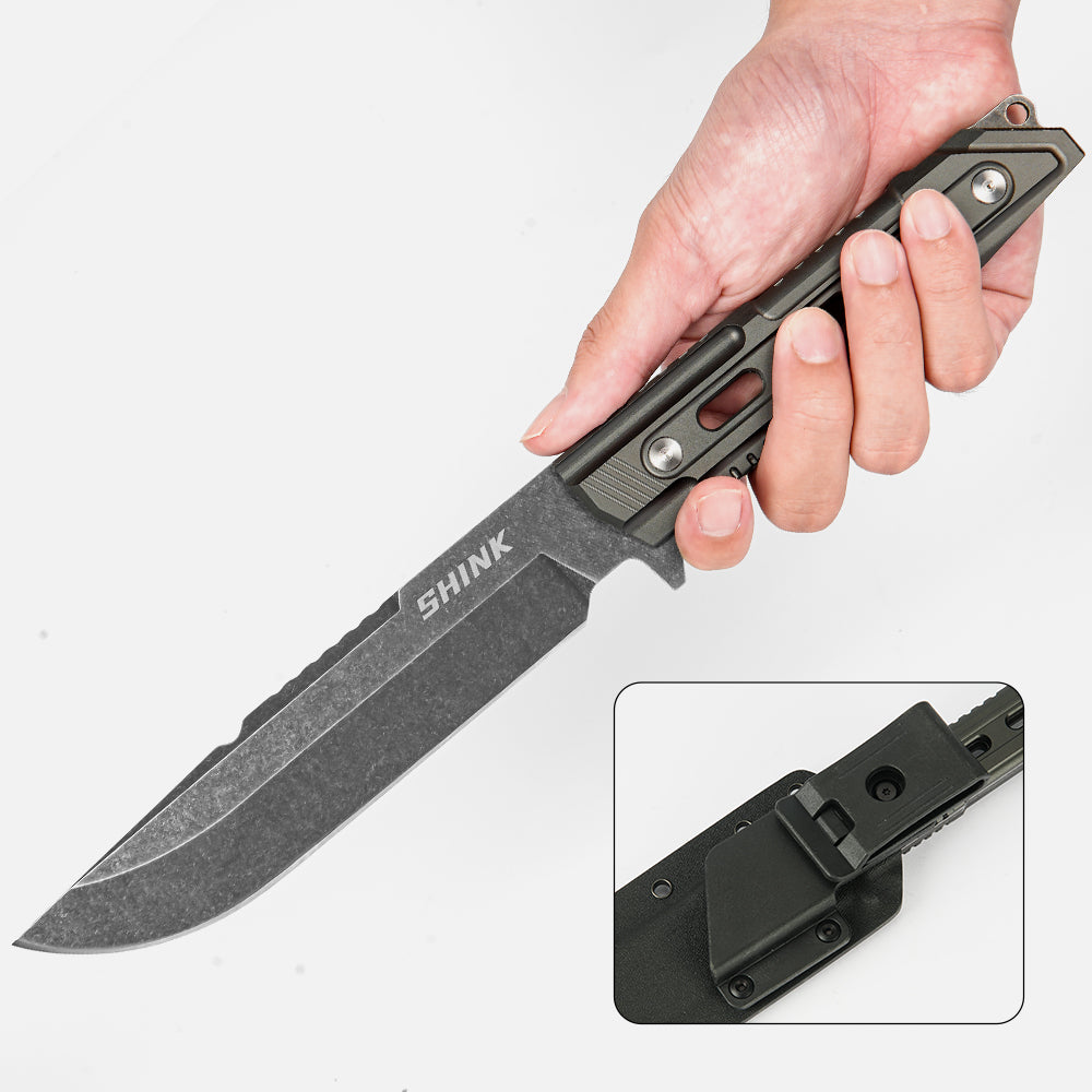 SHINK JX-HS Tactical Fixed Blade Knife | Stone Washed 440A Stainless Steel, Aluminum Alloy Handle