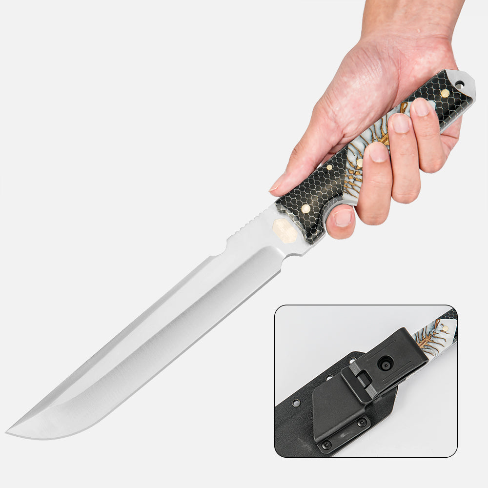 SHINK BHP-YR Heavy Duty Outdoor Survival Fixed Blade Knife | Satin Finish 440A Stainless Steel, Stabilized Wood Handle
