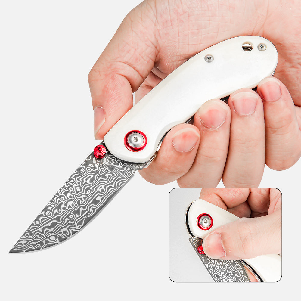 SHINK NDM-WHITE Damascus Steel Folding Pocket Knife | VG10 Damascus Blade, White Dyed Ox Bone Handle