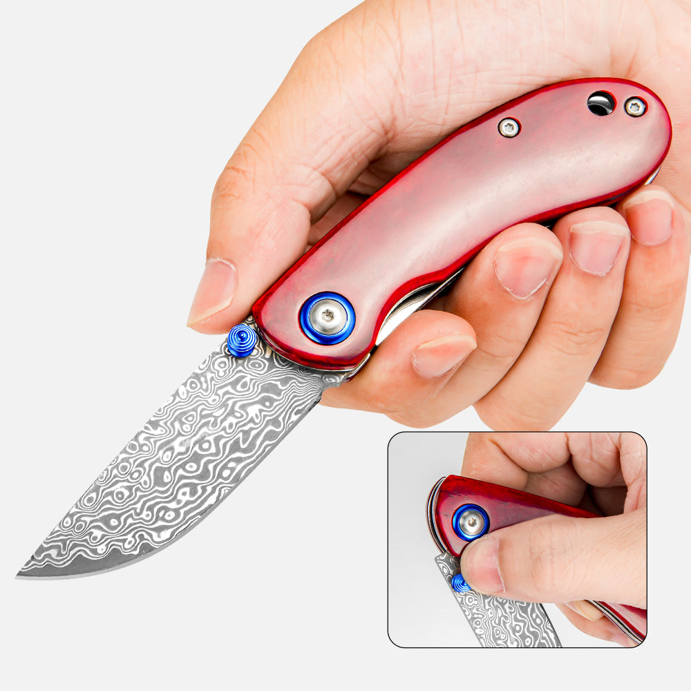 SHINK NDM-RED Damascus Steel Folding Pocket Knife | VG10 Damascus Blade, Red Dyed Ox Bone Handle