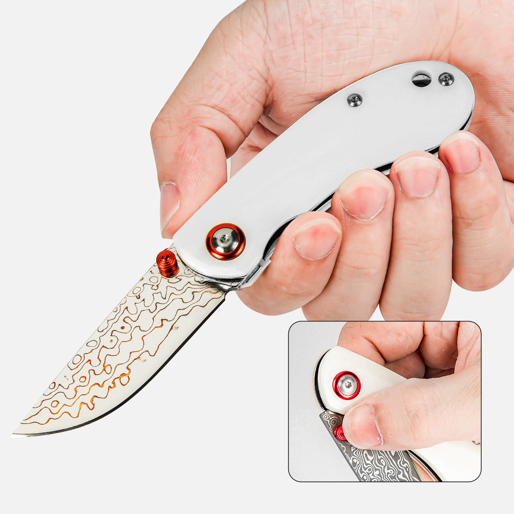 SHINK NDM-WHITE Brass Damascus Steel Folding Pocket Knife | Copper Damascus Blade, Pure White Dyed Ox Bone Handle
