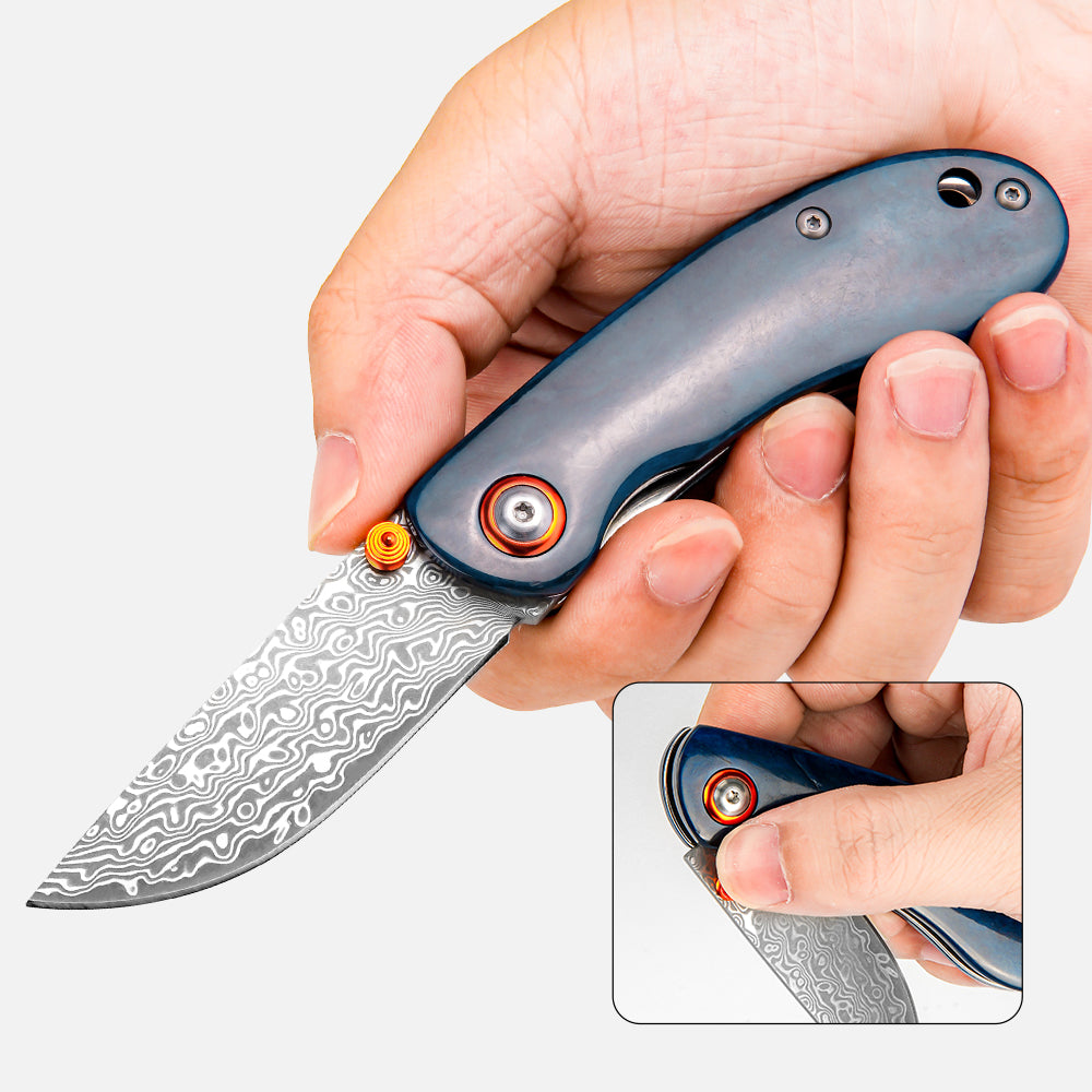 SHINK NDM-BLUE Damascus Steel Folding Pocket Knife | VG10 Damascus Blade, Blue Dyed Ox Bone Handle