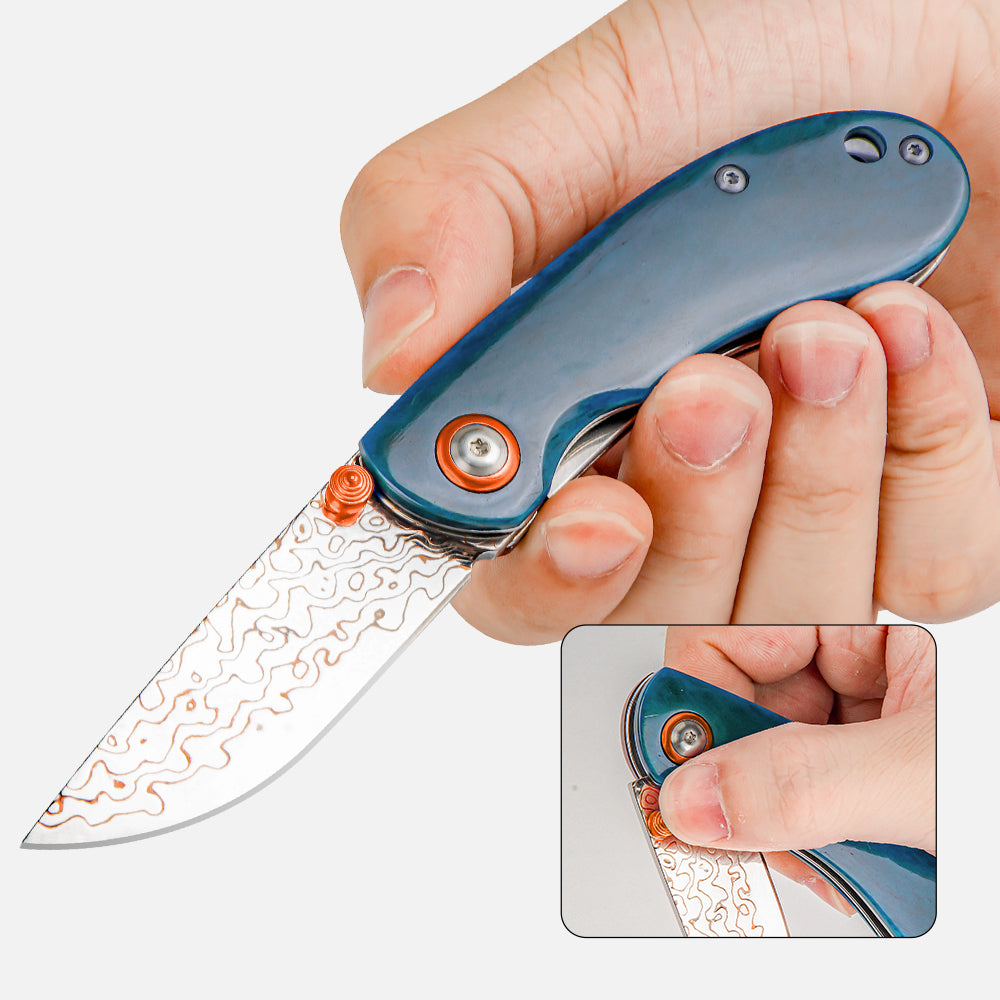 SHINK NDM-BLUE-HT Brass Damascus Steel Folding Pocket Knife | Copper Damascus Blade, Deep Blue Dyed Ox Bone Handle