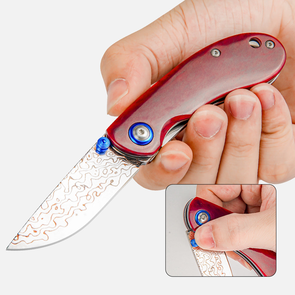 SHINK NDM-RED-HT Brass Damascus Steel Folding Pocket Knife | Copper Damascus Blade, Rich Red Dyed Ox Bone Handle