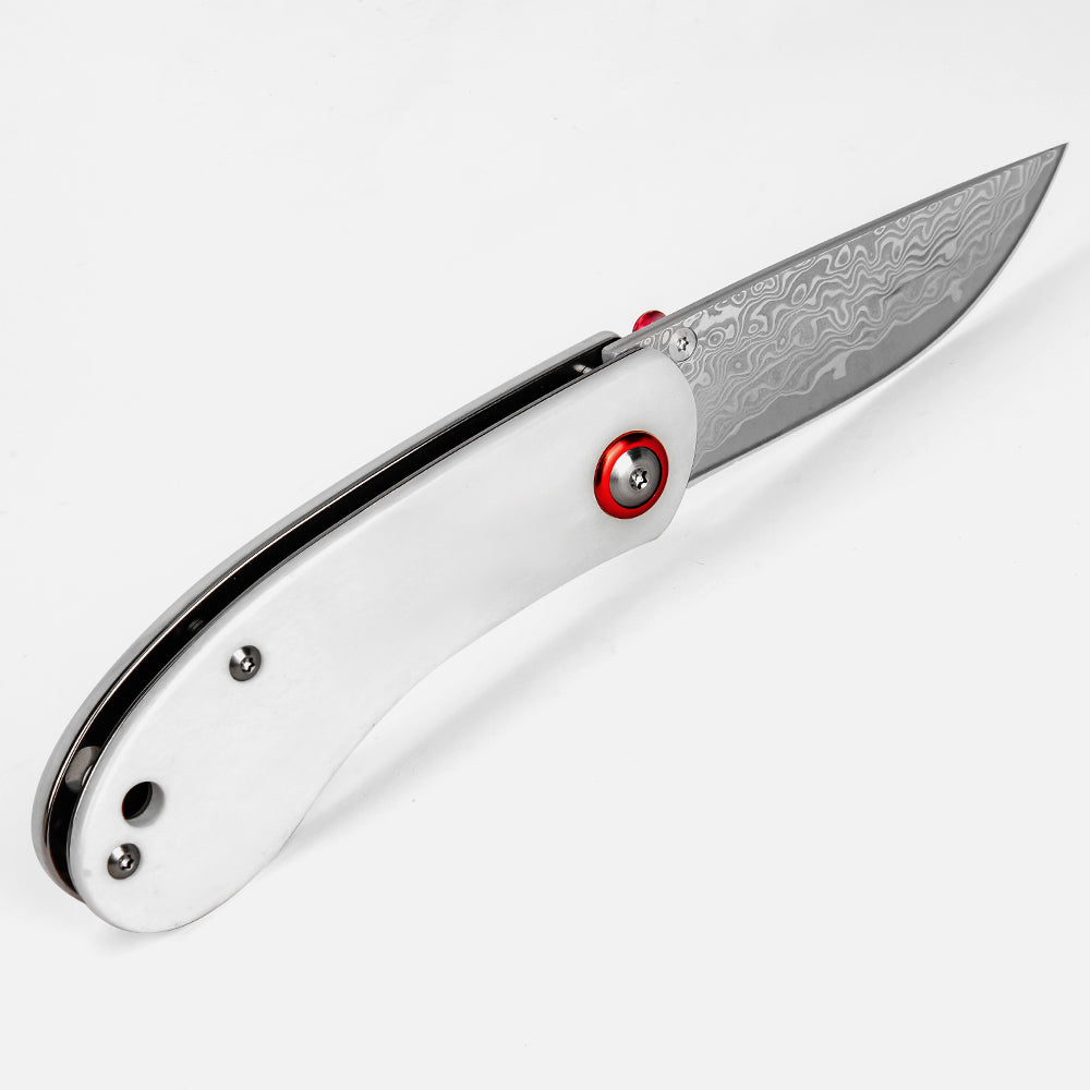 SHINK NDM-WHITE Damascus Steel Folding Pocket Knife | VG10 Damascus Blade, White Dyed Ox Bone Handle