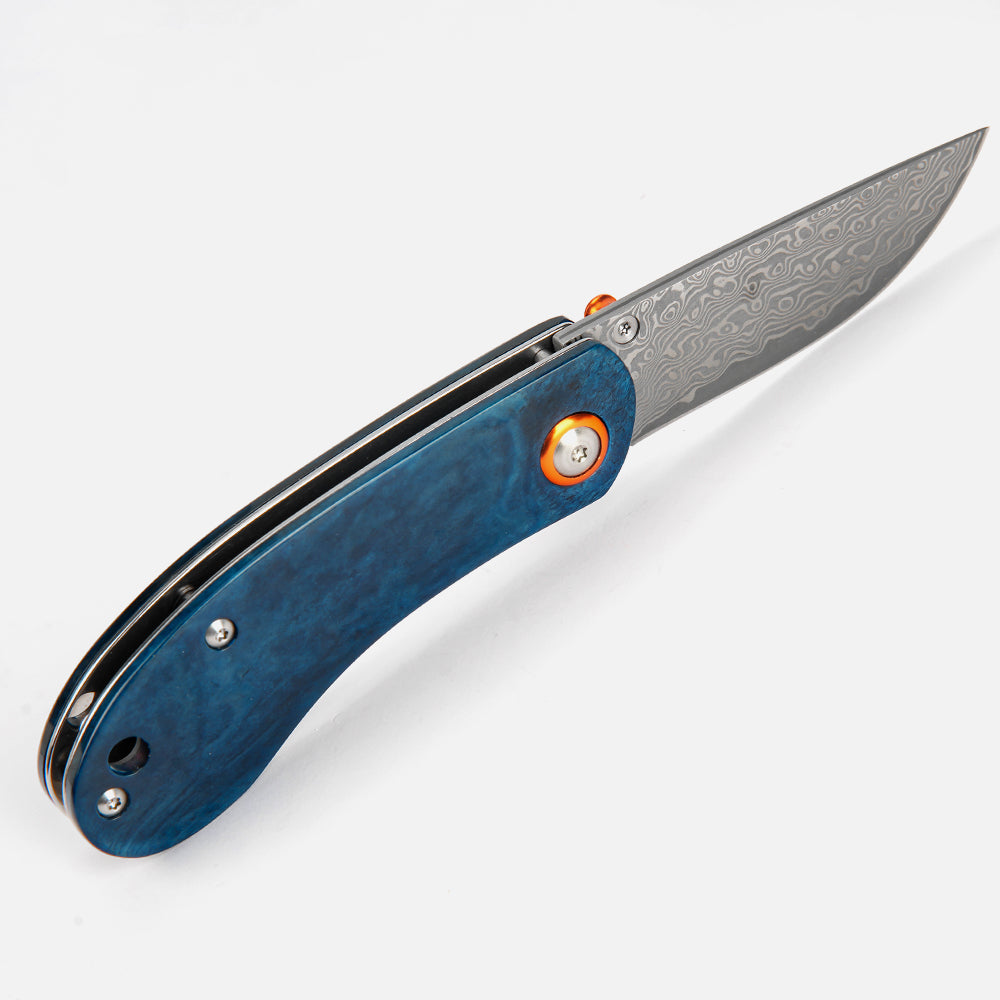 SHINK NDM-BLUE Damascus Steel Folding Pocket Knife | VG10 Damascus Blade, Blue Dyed Ox Bone Handle