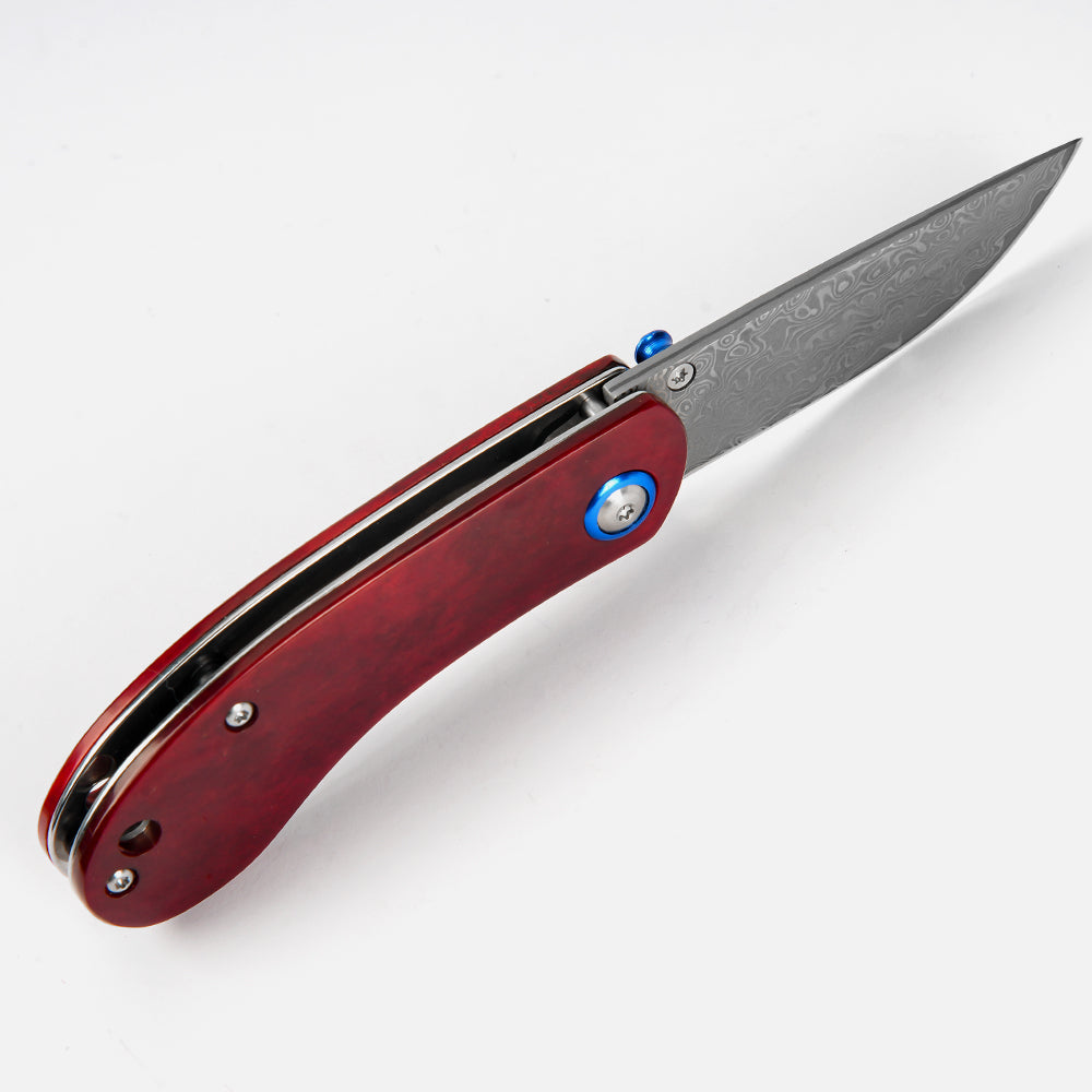 SHINK NDM-RED Damascus Steel Folding Pocket Knife | VG10 Damascus Blade, Red Dyed Ox Bone Handle