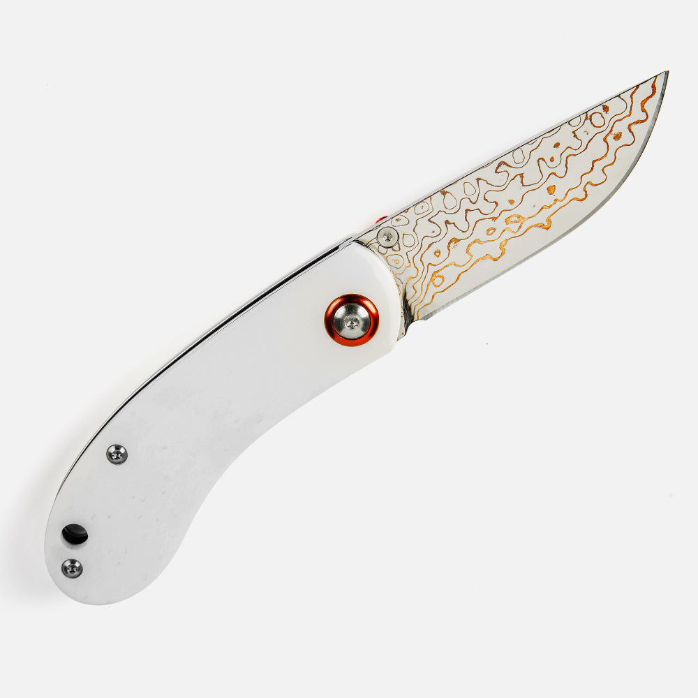SHINK NDM-WHITE Brass Damascus Steel Folding Pocket Knife | Copper Damascus Blade, Pure White Dyed Ox Bone Handle