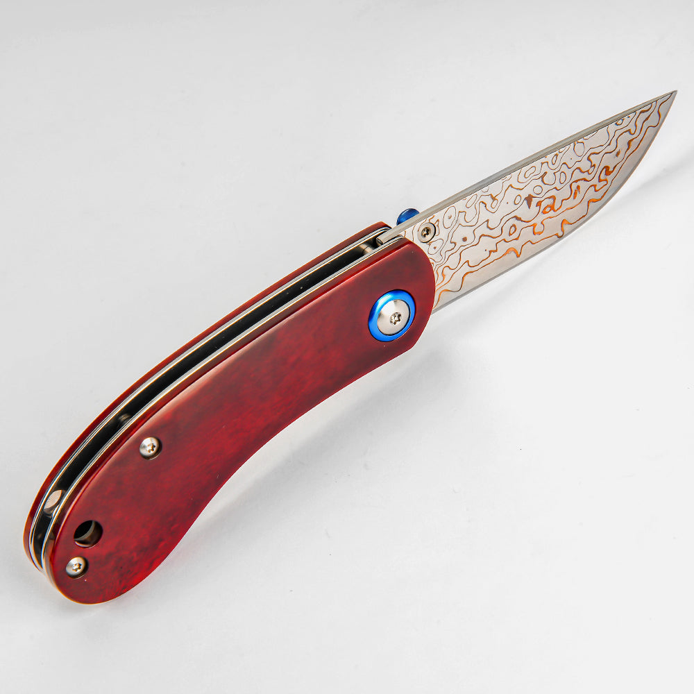 SHINK NDM-RED-HT Brass Damascus Steel Folding Pocket Knife | Copper Damascus Blade, Rich Red Dyed Ox Bone Handle