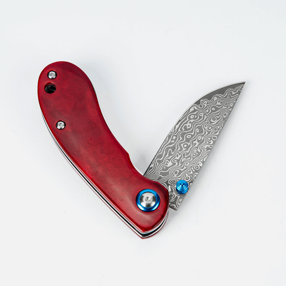 SHINK NDM-RED Damascus Steel Folding Pocket Knife | VG10 Damascus Blade, Red Dyed Ox Bone Handle