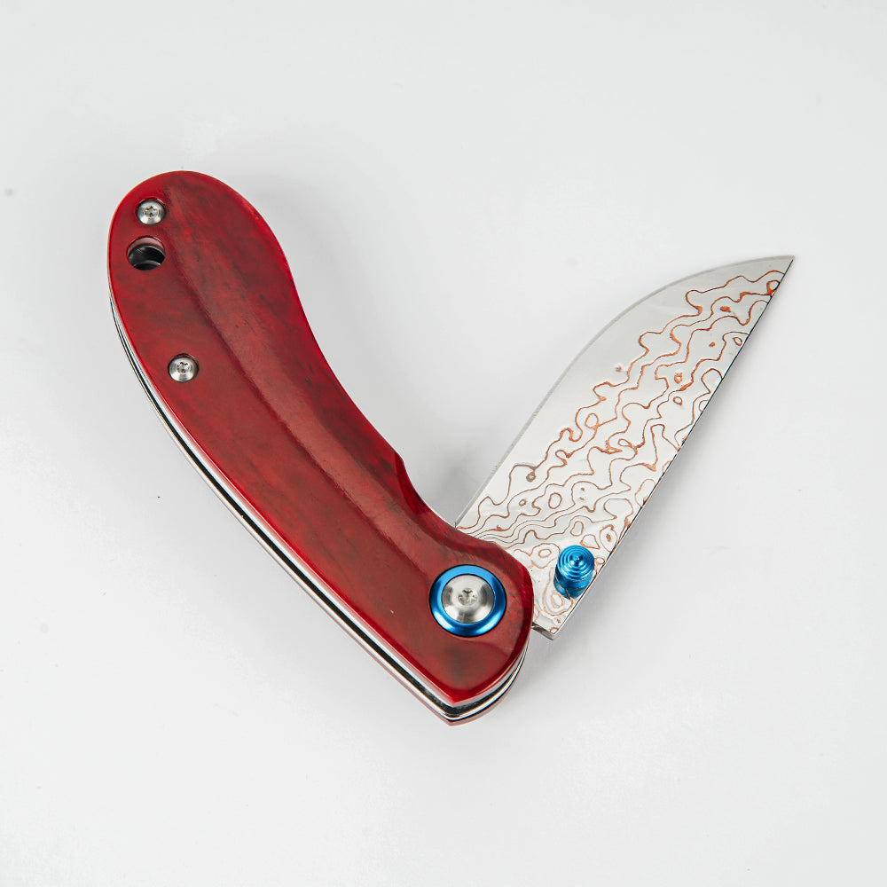 SHINK NDM-RED-HT Brass Damascus Steel Folding Pocket Knife | Copper Damascus Blade, Rich Red Dyed Ox Bone Handle