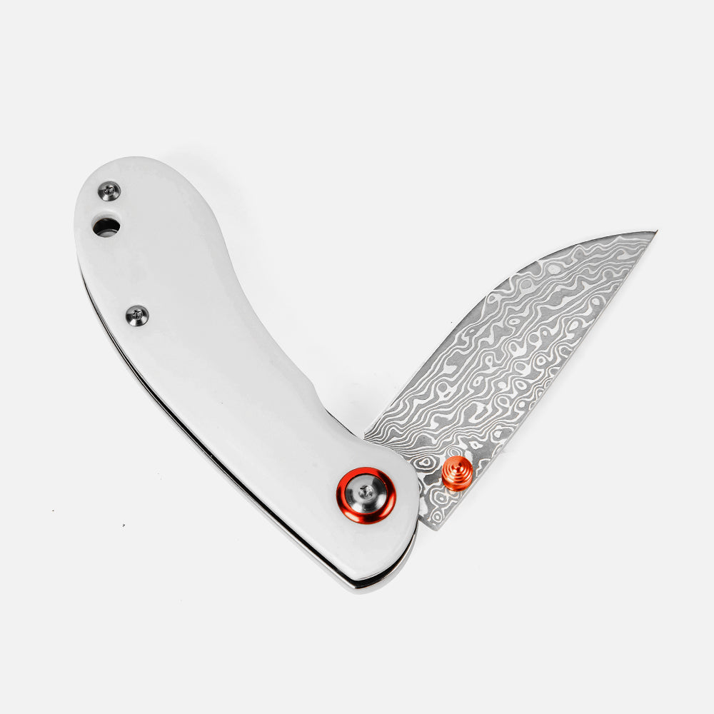 SHINK NDM-WHITE Damascus Steel Folding Pocket Knife | VG10 Damascus Blade, White Dyed Ox Bone Handle