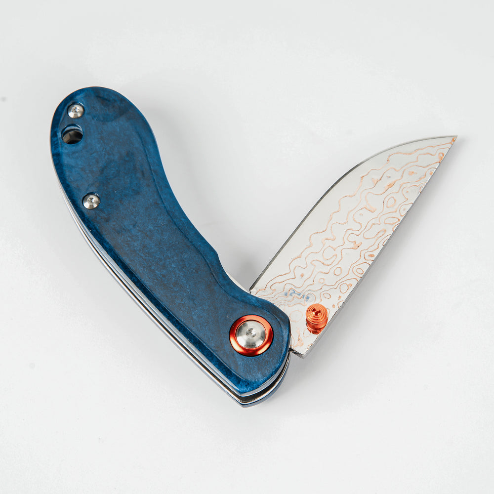 SHINK NDM-BLUE-HT Brass Damascus Steel Folding Pocket Knife | Copper Damascus Blade, Deep Blue Dyed Ox Bone Handle