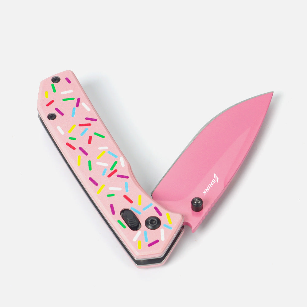 Shink PK-01 "Donut Glaze" EDC Folding Knife – 3.2" 420J2 Blade, Aluminum Handle, Crossbar Lock – Lightweight Fun Pocket Knife